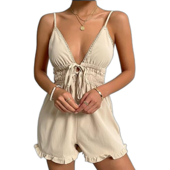 Princess Polly Colleen Tan Linen Strappy Tie Front Smocked Short Romper Size 2 - Picture 1 of 16